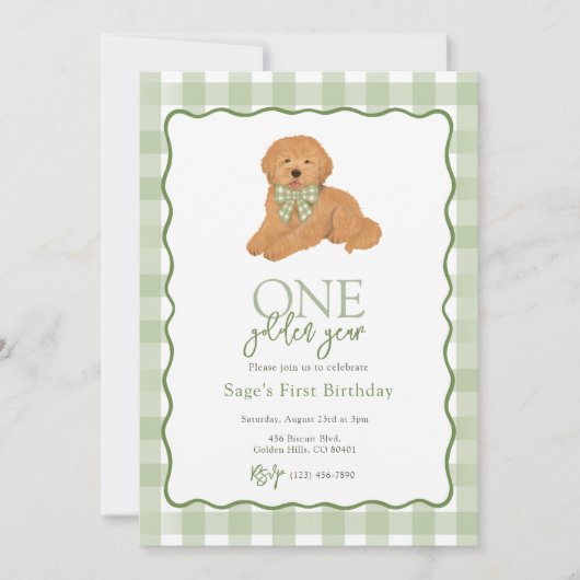 Green Goldendoodle Golden Year First Birthday 招待状 (正面)