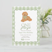 Green Goldendoodle Golden Year First Birthday 招待状 (スタンド正面)
