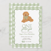 Green Goldendoodle Golden Year First Birthday 招待状 (正面/裏面)