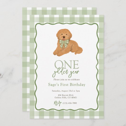 Green Goldendoodle Golden Year First Birthday 招待状 (正面/裏面)