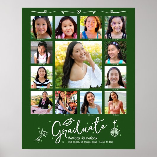 Green Graduation K–12 Photo Collage White Doodles ポスター (正面)