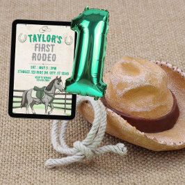 Green Gray 1st Rodeo with horse birthday 招待状