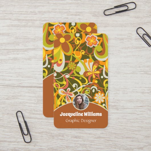 Green Groovy 60s 70s Floral Swirls Vers II 名刺 (正面/裏面インサイチュ)