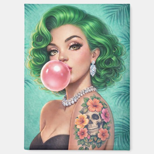 Green-Haired Bubblegum Pin-Up Girl Magnet – Retro マグネット (正面)