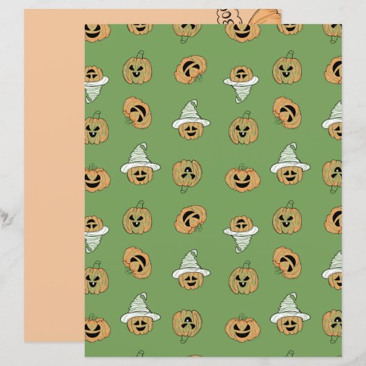 Green Halloween Pumpkin & Ghost Pattern Scrapbook  (正面/裏面)