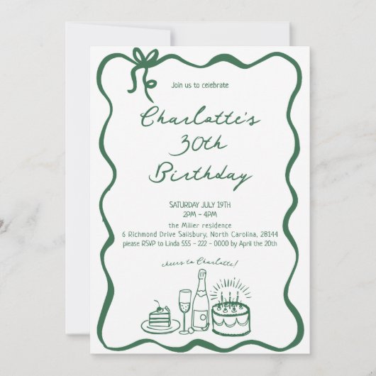 GREEN Hand Drawn 30th Birthday Invitation 招待状 (正面)