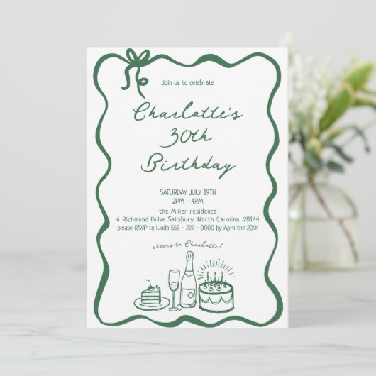 GREEN Hand Drawn 30th Birthday Invitation 招待状 (スタンド正面)