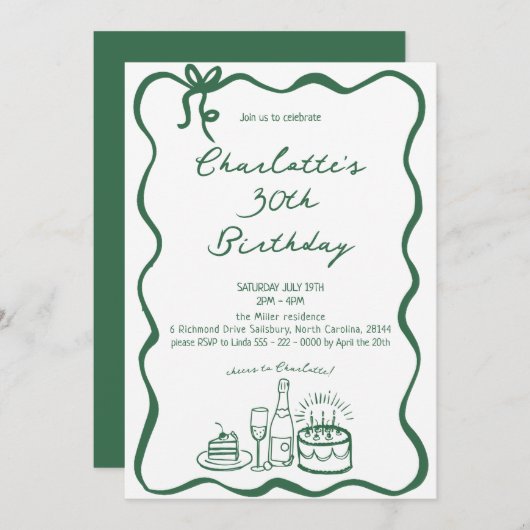 GREEN Hand Drawn 30th Birthday Invitation 招待状 (正面/裏面)