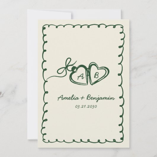 green hand drawn couple Whimsical Wedding  招待状 (裏面)