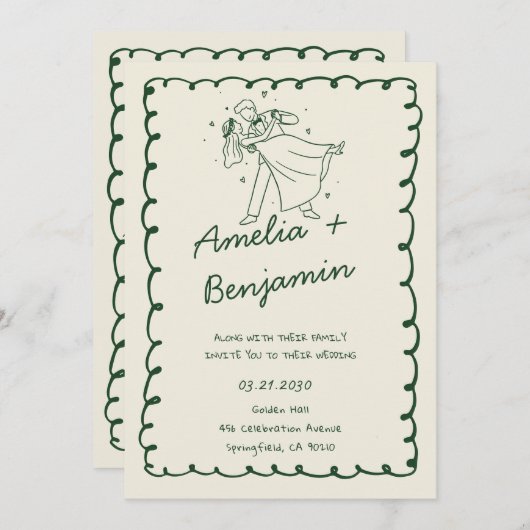 green hand drawn couple Whimsical Wedding  招待状 (正面/裏面)