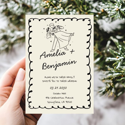 green hand drawn couple Whimsical Wedding  招待状