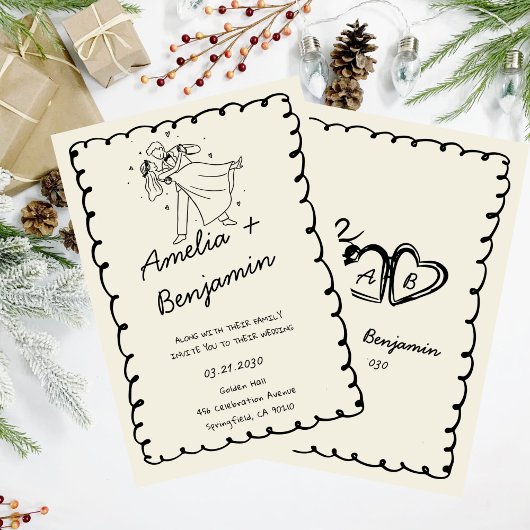 green hand drawn couple Whimsical Wedding  招待状