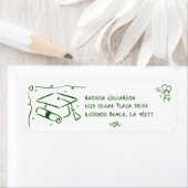 Green Hand Drawn Doodle Graduate Cap White Address ラベル (インサイチュ)