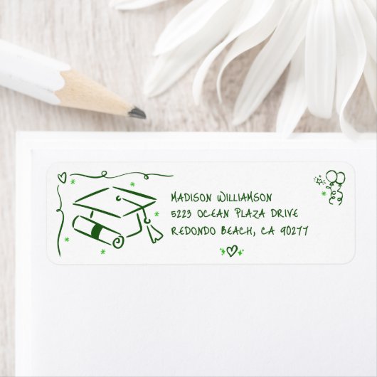 Green Hand Drawn Doodle Graduate Cap White Address ラベル (インサイチュ)