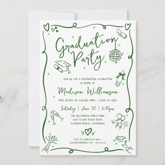 Green Hand Drawn Doodle Graduation Fun White Party 招待状 (正面)