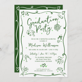 Green Hand Drawn Doodle Graduation Fun White Party 招待状
