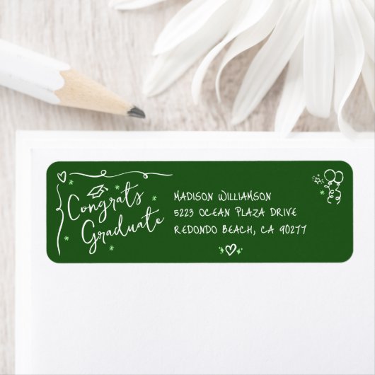 Green Hand Drawn Doodle Style Graduation Address ラベル (インサイチュ)