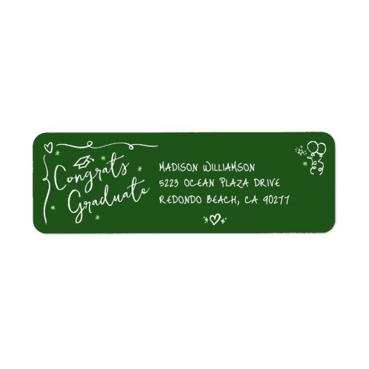 Green Hand Drawn Doodle Style Graduation Address ラベル (正面)