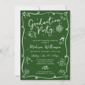Green Hand Drawn Doodles Photo Graduation Party 招待状 (正面)