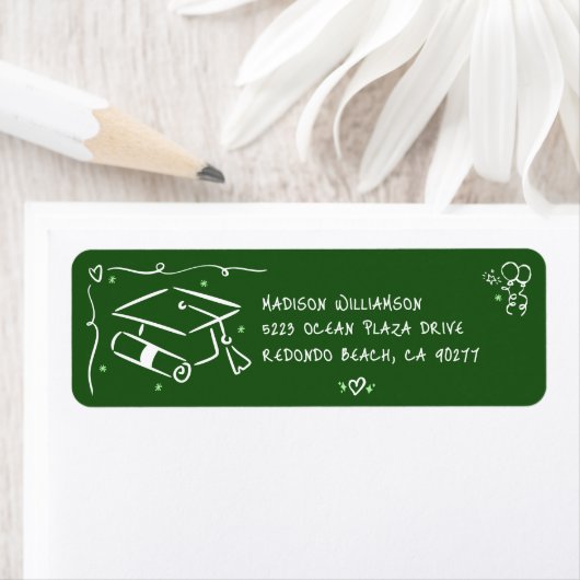 Green Hand Drawn Doodles Style Grad Cap Address ラベル (インサイチュ)