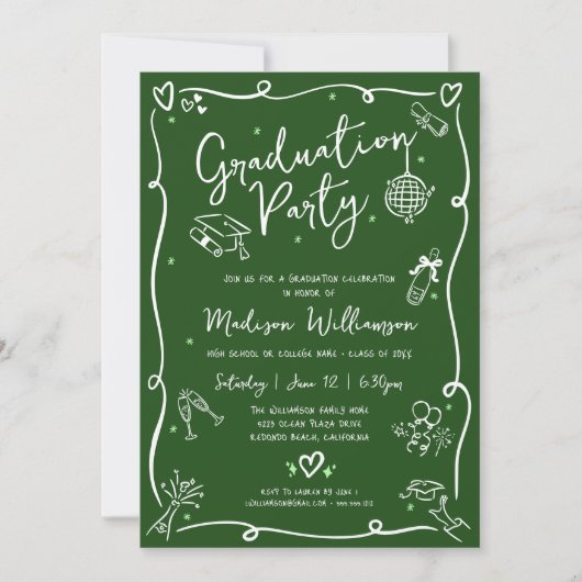 Green Hand Drawn Doodles Style Graduation Party 招待状 (正面)
