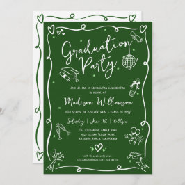 Green Hand Drawn Doodles Style Graduation Party 招待状
