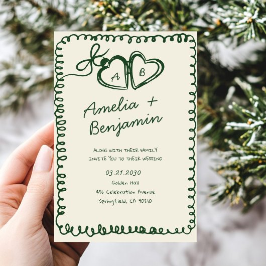 green hand drawn heart Whimsical Wedding  招待状
