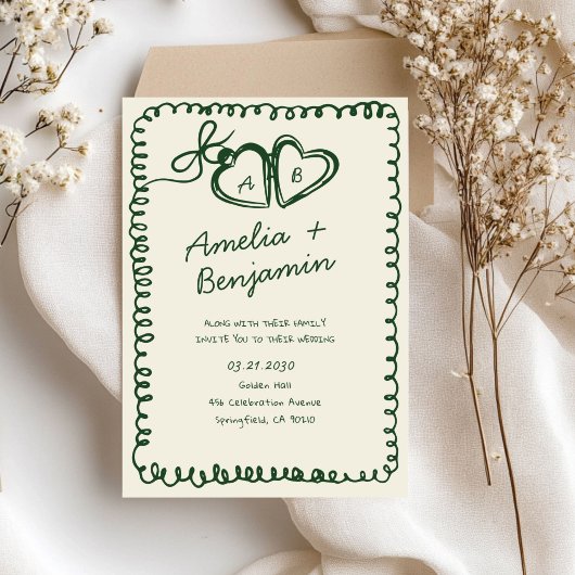 green hand drawn heart Whimsical Wedding  招待状