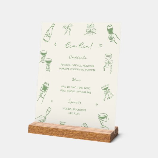 Green Hand Drawn Italian Wedding Cin Cin Bar アクリルサイン (傾斜)