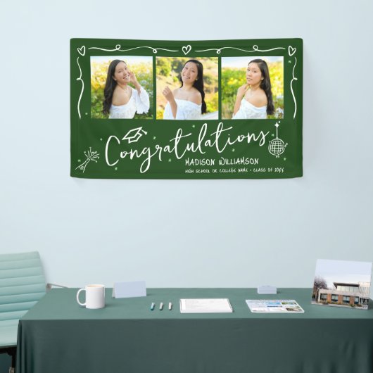 Green Hand Drawn Style Doodles Graduation 3 Photo 横断幕 (トレードショー)