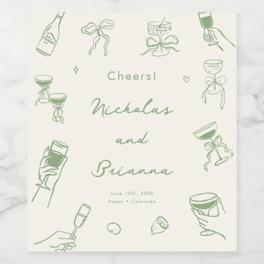 Green Hand Drawn Wedding ワインラベル (シングルラベル)