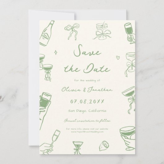 Green Hand Drawn Wedding Save the Date Photo 招待状 (正面)