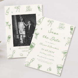 Green Hand Drawn Wedding Save the Date Photo 招待状