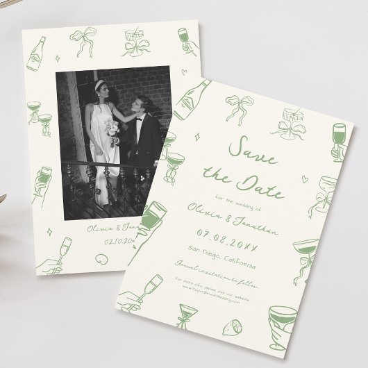 Green Hand Drawn Wedding Save the Date Photo 招待状