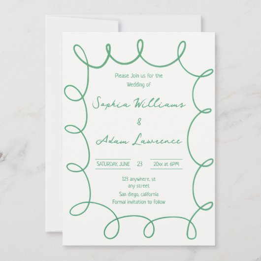 Green Hand Written Pinstripe Whimsical Wedding 招待状 (正面)