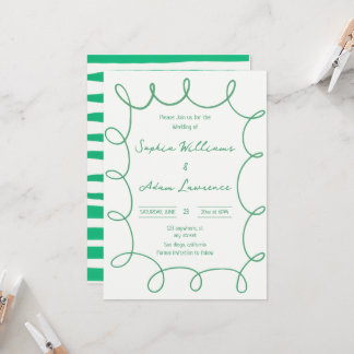 Green Hand Written Pinstripe Whimsical Wedding 招待状