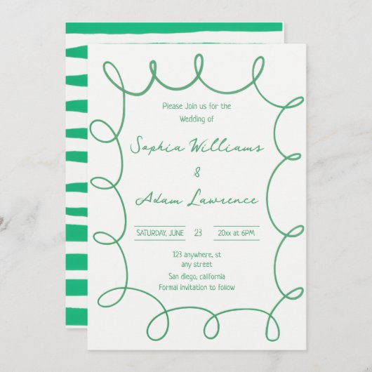 Green Hand Written Pinstripe Whimsical Wedding 招待状 (正面/裏面)
