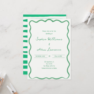 Green Hand Written Pinstripes Whimsical Wedding 招待状