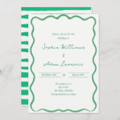 Green Hand Written Pinstripes Whimsical Wedding 招待状 (正面/裏面)