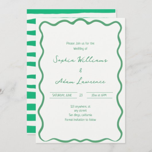 Green Hand Written Pinstripes Whimsical Wedding 招待状 (正面/裏面)