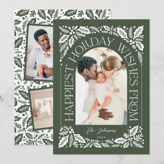 Green Happiest Wishes Arch Berry 3フォトコラージュ シーズンカード (正面/裏面)