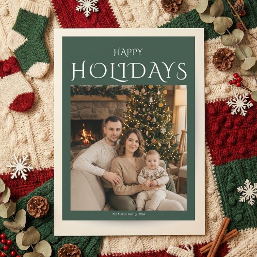 Green Happy Holidays Family Photo Christmas Card シーズンカード