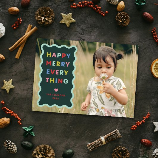Green Happy Merry Wavy Christmas Photo Card 招待状