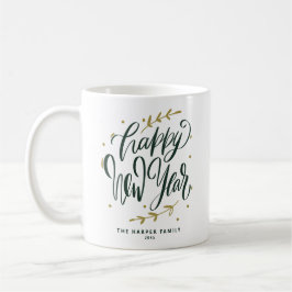 Green Happy New Year Modern Calligraphy Wreath コーヒーマグカップ