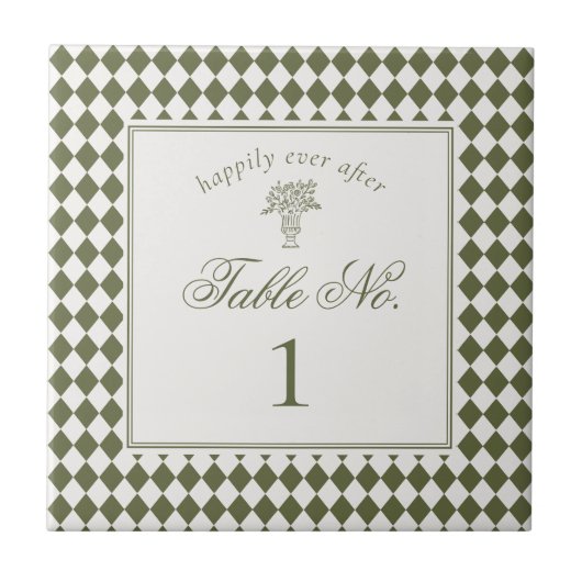 Green Harlequin Checkered Wedding Table Number タイル (正面)