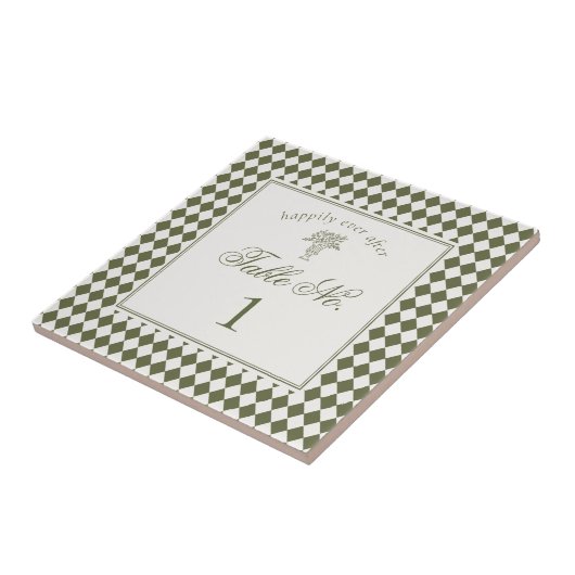 Green Harlequin Checkered Wedding Table Number タイル (側面)
