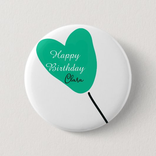 Green heart happy birthday white black balloon kid 缶バッジ (正面)