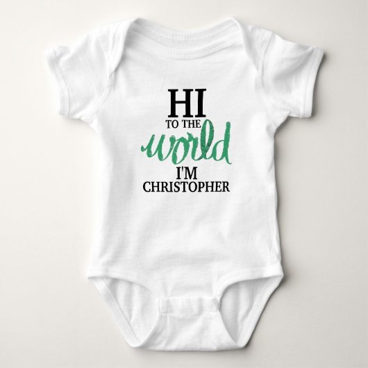 Green Hi To The World Baby 名前 ベビーボディスーツ (正面)