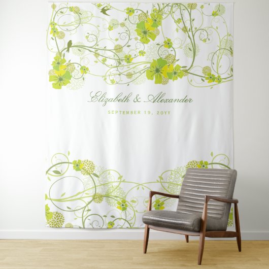 Green Hibiscus & Swallows Floral Wedding Backdrop タペストリー (インサイチュ)
