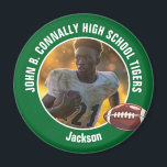 Green High School Football Player Photo マグネット<br><div class="desc">This cool customized high school football player photo spirit magnet in green features white typography of your team and player name. Personalize with your athlete name next to the ball.</div>